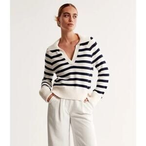 Abercrombie & Fitch Breton Striped V-Neck Sweater Chunky Knit Collared Pullover